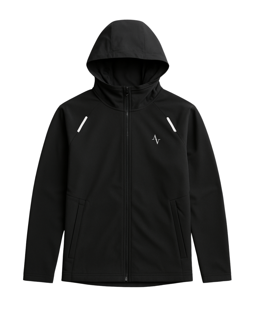 Black jacket with a hood on a white background
