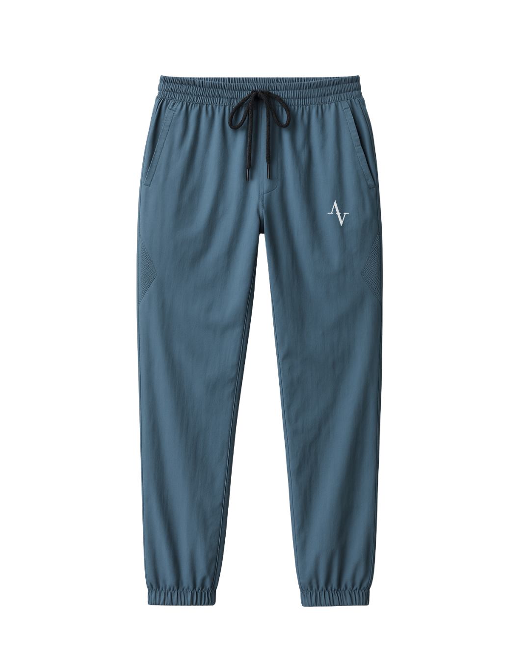Blue jogger pants with a logo on a white background