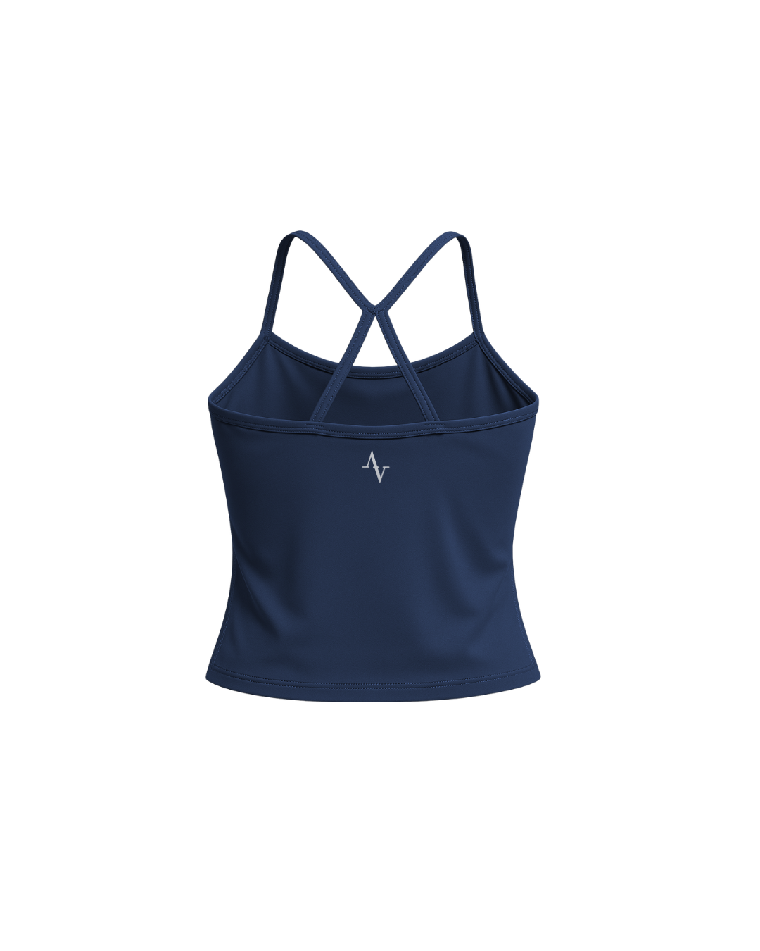 Navy blue tank top with criss-cross straps on a white background