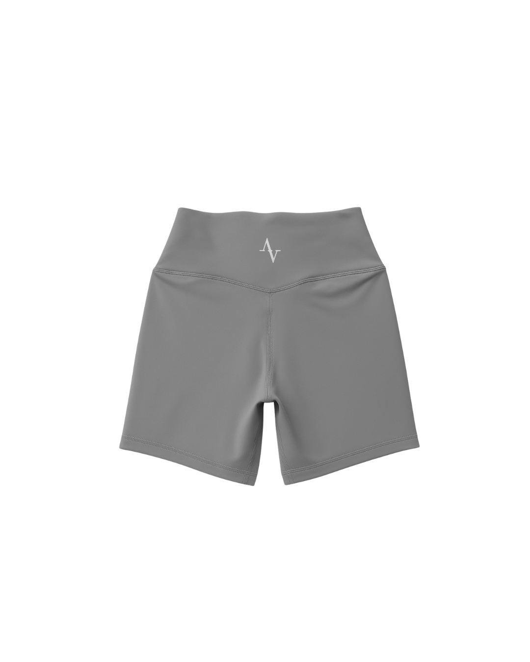 Gray athletic shorts with a logo on a white background